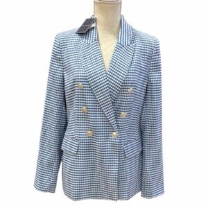 J&L Atelier Gingham Double Breasted Blazer Blue & White Checked Size L